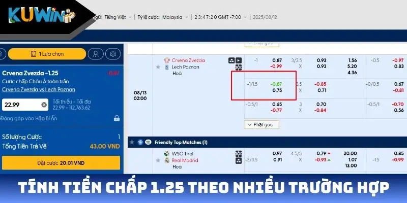 Tính tiền chấp 1.25 theo nhiều trường hợp